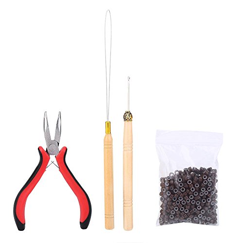 Hair Extension Kit, Wig Connector Kit Pliers Hook Loop Tip with 500Pcs Micro Rings Hair Extension Accessories (Brown)