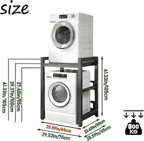 Dryer Stand Height Adjustable, Portable Stacking Kit for Front Loader Washing Machine & Tumble Dryer, Storage Rack Over Washing Machine Storage Unit, 400kg Load Capacity BlackFrame Black