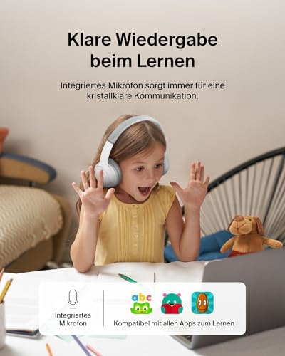 SoundForm Mini kabelloser Kinderkopfhörer mit integriertem Mikrofon und lustigen Aufklebern, 30 Std. Wiedergabe – Over-Ear-Kopfhörer für Unterricht, Ferien, iPhone, iPad, Galaxy – Weiß