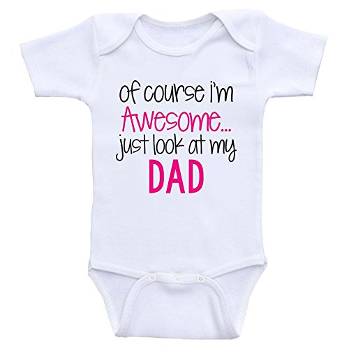 Funny Baby Onesie "Just Look At My Dad" Baby Onesies For Boys and Girls (3mo-Short Sleeve, Hot Pink Text)