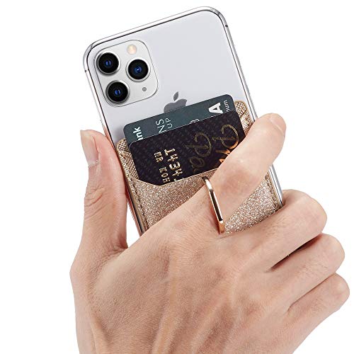 Card Holder for Back of Phone, Acrsikr RFID Blocking Glitter Cell Phone Credit Wallet with Ring Pocket Stick on iPhone