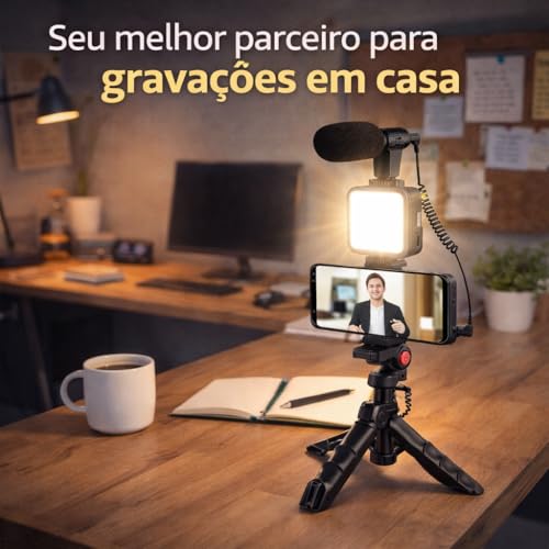 Kit de Gravação Completo com Tripé, Luz LED e Suporte para Celular – Ideal para Vlogs, Lives e Vídeos Profissionais Tripé com Luz LED e Microfone para Celular – Kit Vlogging Profissional Premium