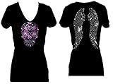 Sugar Skull Angel Wings Rhinestone Womens V Neck Short Sleeve Tee Shirt