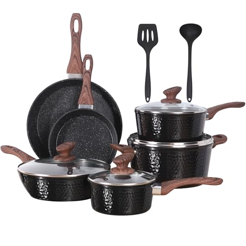 Kitchen Academy 12-teiliges Topfset Induktion in Ebenholzschwarz - Gehämmertes Pfannen und Töpfe Set, Granit-Antihaftbeschichtung