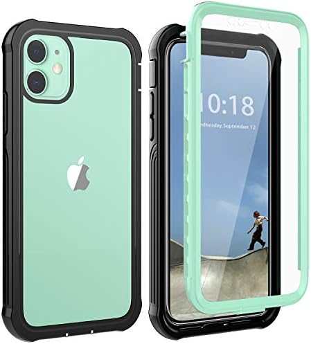 Owkey iPhone 11 Case, Full Body Rugged Case Heavy Duty Protection, Shock Drop Dirt Snow Proof Slim Fit Cover with Built in Screen Protector Replacement for iPhone 11 (2019) 6.1″- Green/Clear