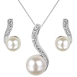 EleQueen Women's Crystal Simulated Pearl Elegant Wedding Pendant Necklace Earrings Jewelry Set Ivory Color