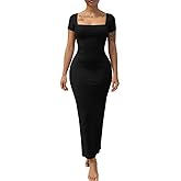Womens Bodycon Maxi Dress Casual U-Neck Short Sleeves Back Split Plain Solid Sexy Sundress Long Summer Dresses