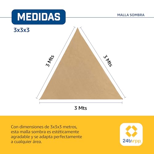 24tarpp Malla Sombra Velaria 3x3x3 - Triangular Beige - Mallasombra para Exteriores - Bastillas Dobles Reforzadas - Protección 90% Rayos UV - Fácil Instalación - Lonasombra - Velaria 3x3x3 Beige