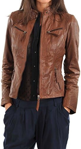 Prim leather Women's Lambskin Leather Bomber Biker Jacket X-Large Brown