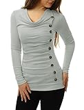 Allegra K Women Cowl Neck Long Sleeves Buttons Decor Ruched Top Light Grey M