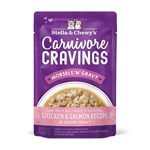 STELLA & CHEWY’S CARNIVORE CRAVINGS MORSELS & GRAVY CHICKEN & SALMON RECIPE WET CAT FOOD POUCHES – (2.8 OUNCE POUCH, CASE OF 12)