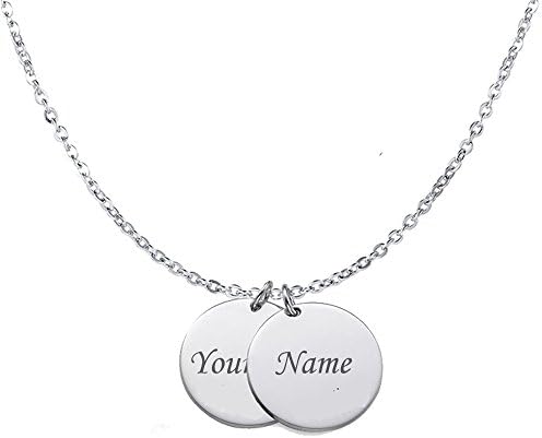 Personalized Names/Words/Date Engraved 18K Gold Plated Discs Chokers Custom Monogram Pendant Love Necklace Gift For Family Friends Valentines (2 Silver Color Disc)