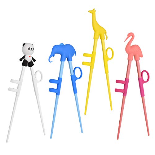 Training Chopsticks,4 Pairs Cute Animal Shape Easy to Use Children's Learning Chopsticks helperWith attachable for Right or Left Handed ChildAdults Beginners