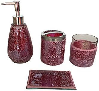 SkyMoving Luxury Bathroom Accessories set, 4-Piece Mosaic Glass Luxury Bathroom Gift Set, Includes Soap Dispenser, Toothbrush Holder, Tumbler &amp; Soap Dish (Red)