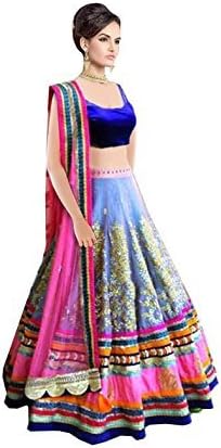Kenil Fabrics Women's Georgette Lehenga Choli / Heavy Embroidered Free Size Pink And Blue