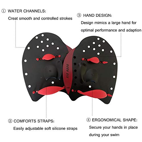 Swimming Paddles - Swimming Power Hand Paddles for Men and Women Training Aid with Adjustable Strap, Large, Red