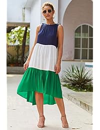 Vestido a media pierna sin mangas para mujer Logtem Color Block High Low Plisado Flowy A Line
