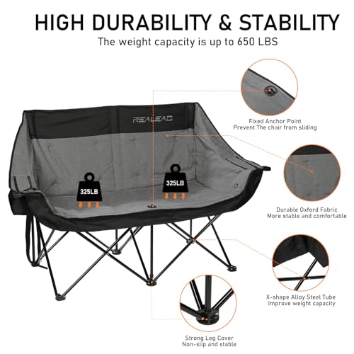 REALEAD Double Camping Chair - Heavy Duty Oversized Camping Couch for Adults Support 650 lbs - 2 Person Camping Chair with Cooler Bags - Padded Camping Loveseat for Outdoor Lawn Sports