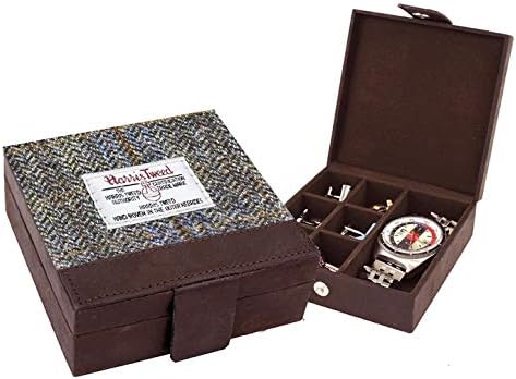 Mag Mouche Harris Tweed and Leather Box For Cufflinks, Watches (Brown)