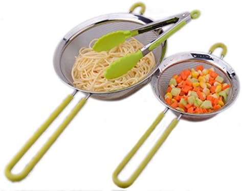 Fine Mesh Stainless Steel Strainer Set with Silicone Handles for Kitchen Food- Ideal to Strain Pasta Noodles, Quinoa, Sift &amp; Sieve Flour &amp; Powdered Sugar(Green)