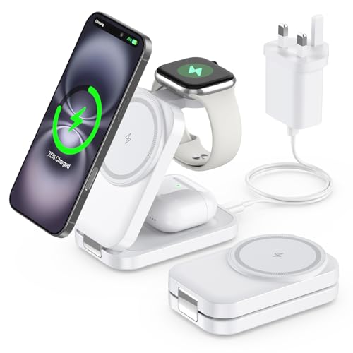 3 in 1 Wireless Charging Station for Apple,Foldable Magnetic Wireless Charger,15W Fast for MagSafe Charger Stand for iPhone 17/16/15/14/13,for Apple Watch,for AirPods