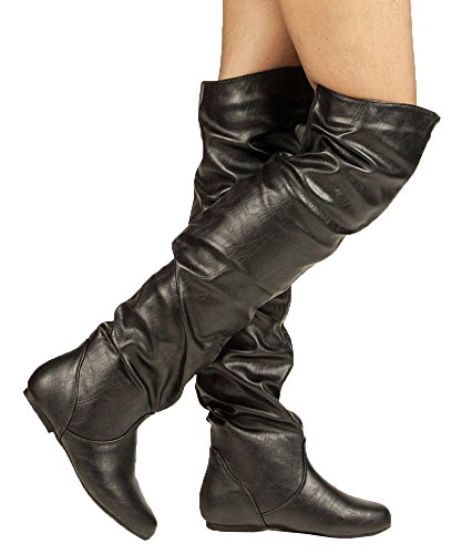 ROF Over-the-Knee Thigh High Flat Slouchy Shaft Low Heel Boots by ROOM OF FASHION BLACK PU (6)