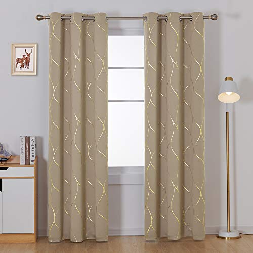Deconovo Blackout Curtains 84 Inches Long Gold Wave Foil Print