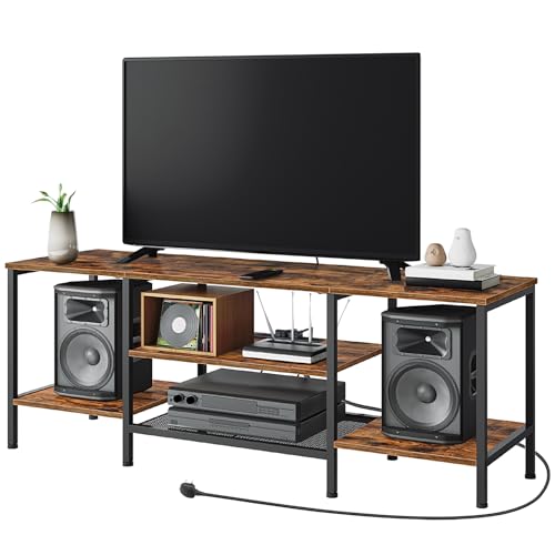 3 Tier TV Stand Table for Living Room, 140 cm TV Shelf for up to 40-65 Inch, TV Unit with Charging Station, Industrial TV Entertainment Center with Open Shelves for Bedroom, Rustic Brown EBF40KDS01
