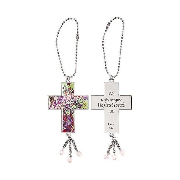 Dicksons Floral Cross We Love Because He First Loved Floral Silver Tone 7 Inch Zinc Alloy Metal Auto Mirror Dangle Car Charm