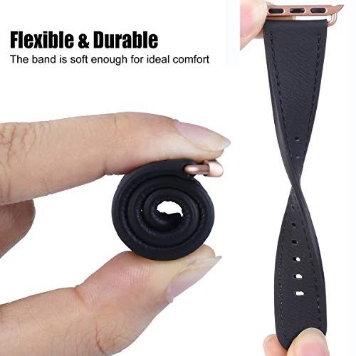 PEAK ZHANG Compatible with Apple Watch Band with Case, 38mm 40mm 42mm 44mm Women Men Top Grain Leather Strap for iWatch Series 4,3,2,1 (Black+Series 4/3 Rose Gold Clasp, 42mm 44mm Small)