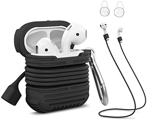 Airpods Case,Shockproof Silicone Protective Case Cover Charging Case with Anti-Lost Strap,Ear Hooks and Keychain for Apple Airpods (Black)
