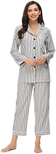 Kiddom Womens Classic Silk Satin Pajamas Set Loungewear Button Up Long Sleeve Sleepwear Collar Pockets Nighgowns Stripe Pjs