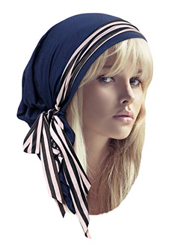 Soft Pre-tied Navy Blue Head-scarf Snood with Black & White Stripe Wrap - 093