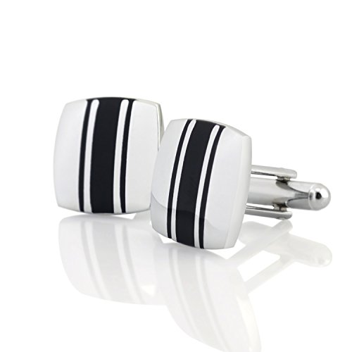 Insten Silver Cufflinks with 3 Black Stripes
