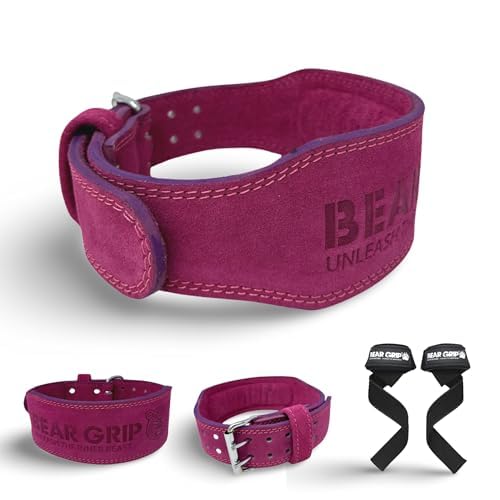 BEAR GRIP Weight Lifting Belt for Men & Women – Premium Suede Leather Gym Belt for Deadlifts, Squats - Double Prong Powerlifting Belt for Strength & Weight Training (Pink, XS)