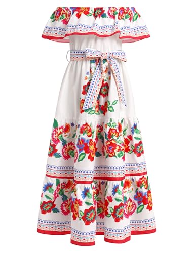 EFOGEP Robe mexicaine pour fille - Robe d'été bohème florale - Épaules dénudées - Traditionnelle Cinco De Mayo Fiesta - Robe folklorique bohème - Robe longue avec ceinture, Blanc., 5-6 ans