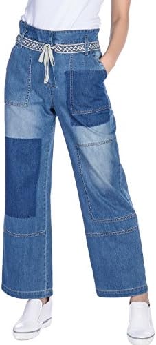 Amee Hanke Women’s Wide Leg Patchwork Jeans Pants High Waisted Flare Denim Blue (XL)