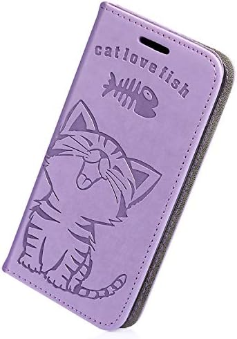 Herbests Compatible with Samsung Galaxy Note 9 Wallet Case Cute Retro Cat Fish Embossed Pattern Stand Flip Leather Case Full Body Protective Phone Case with Kickstand Credit Card,Purple