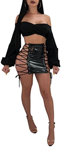 Women Sexy Shiny Metallic Lace Up Bodycon PU Faux Leather Skirt Party Clubwear Black S