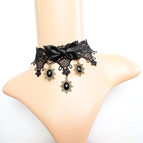 Lvxuan Charming Hot Holiday Gift Women Gothic Vintage Black Lace Bowknot Big Shiny Black Jewelry Dress Necklace