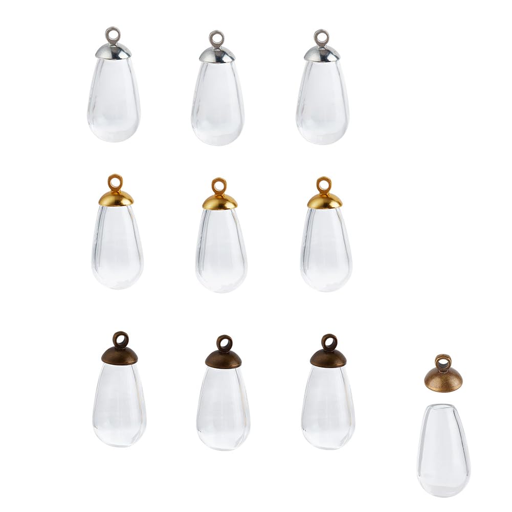 DELORIGIN 9Pcs 20mm Tear Drop Empty Glass Locket Beads Clear Hollow Vial Pendant Charm Mini Wish Glass Bottle Waterdrop Bead Charm With 9 Styles Alloy Cap for Earring Necklace Jewelry Making