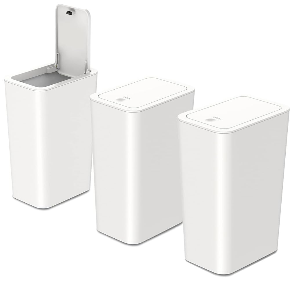 3pcs 9L Touch Top Bathroom Bin - Slim Plastic Trash Can with Lid for Bedroom, Kitchen, Office, Living Room and Toilet - Dog-Proof Narrow Design (White)
