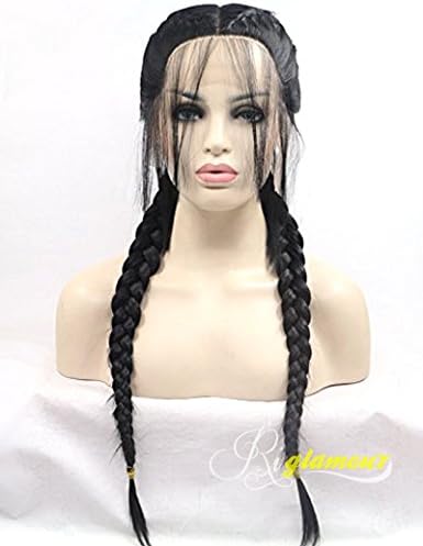 Riglamour Pigtail Wig Black Double Braids Lace Front Wig with Baby Hair Middle Parting Long Synthetic Wigs for Women (Black)