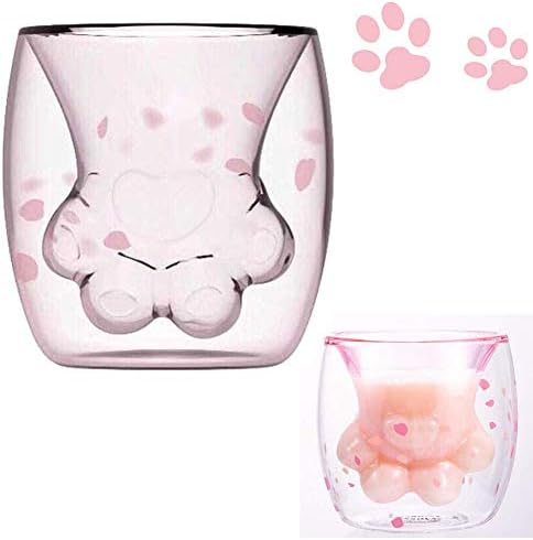 Shareculture Cat Paw Mug,Cute Cat Claw Double Wall Coffee Milk Glass Cup Handmade Creative Tea Whiskey Glass Cup Sakura Pink 1 Pack