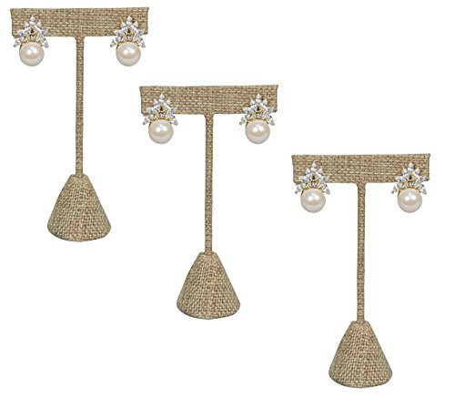 888 Display USA - 3 Burlap Fabric Earring T Stand Showcase Displays (6.75" (3 Pack), Burlap)