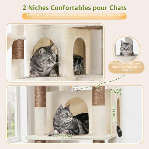 Globlazer Beige XXL Cat Tree Large 204 cm with 2 Huge Padded Platform 50 x 30 cm, 2 Large Kennels, 3 Soft Baskets, Sisal Board, Stable Cat Trees for 3-5 Cats Indoor (S80G, Beige)