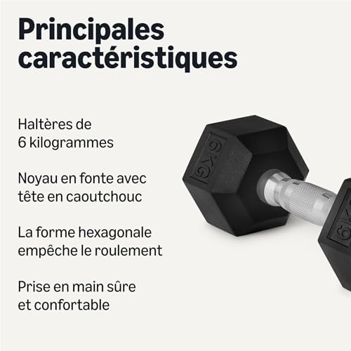 haltères hexagonaux recouverts de caoutchouc set, 6 kg, Noir
