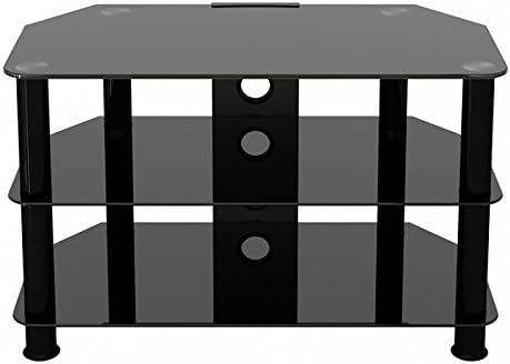 MAHARA Glass Corner TV Stand, Universal Black TV Unit 80cm wide with Glass Shelves and Cable Management - Image 3
