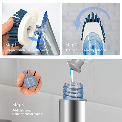 Neilgo 3-IN-1 Soap Dispensing Dish Brush Kitchen Scrub Brush Automatic Liquid Addition Brush Soap Control Dishwand Brush with Handle (Blue)