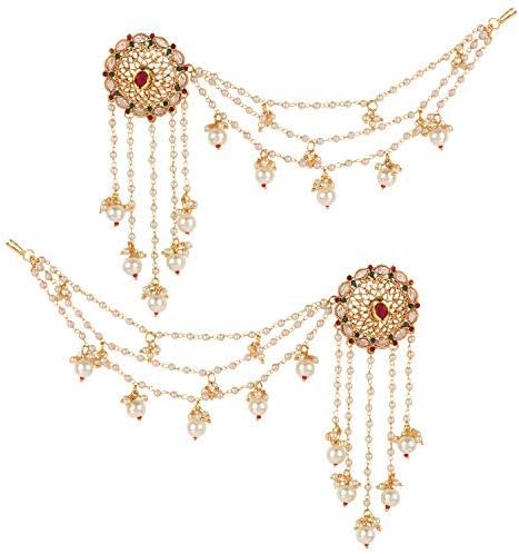 Pariza Gold Plated Pearl & AD Bahubali Earrings With Ear Chain for Women